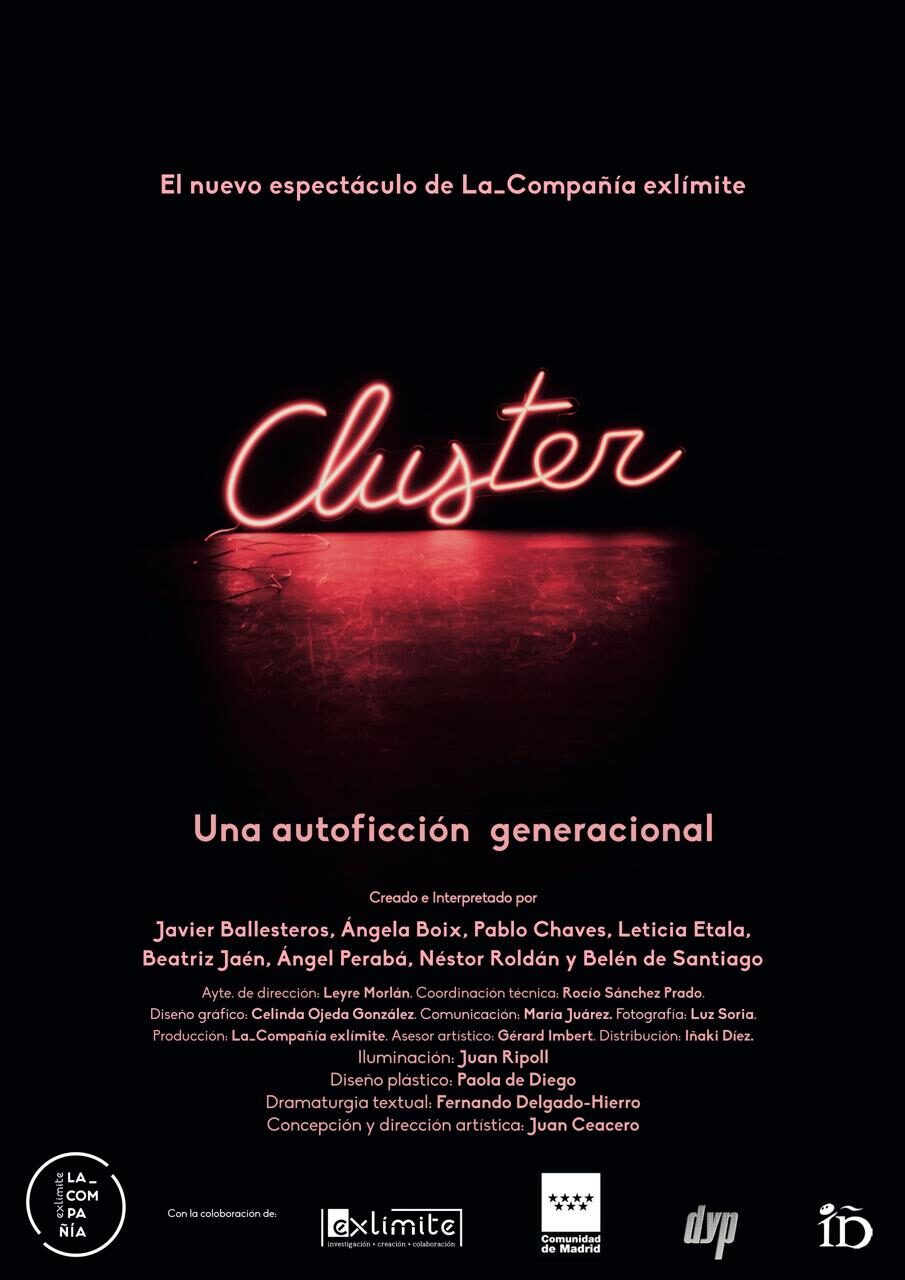 cartel de cluster: el título en neón rojo sobre fondo negro